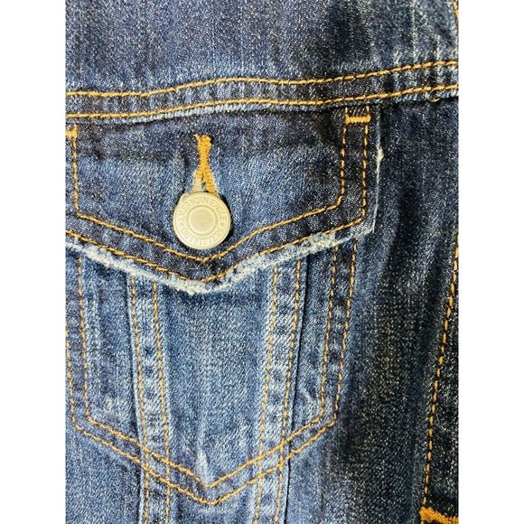 AE American Eagle Denim Jean Jacket Womens Sz Extra Small Coat Distressed Cuffs - Picture 6 of 9